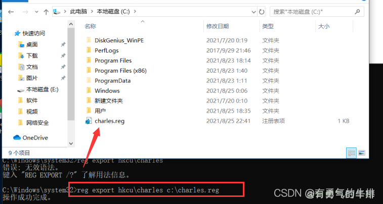 reg export hkcu\charles c:\charles.reg